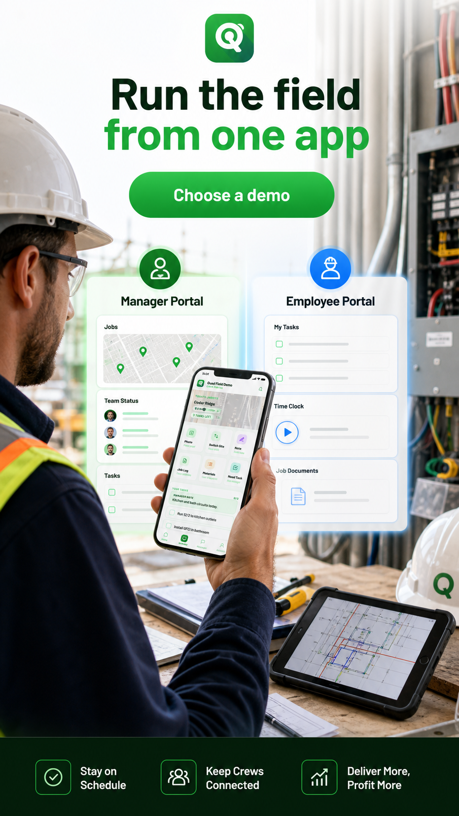 Quad Field Demo poster with Manager Portal and Employee Portal choices